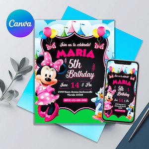 Minnie Mouse verjaardagsuitnodiging, Minnie Party uitnodigen, bewerkbare en afdrukbare verjaardagskaart, Minnie digitale uitnodiging voor meisje, Canva sjabloon