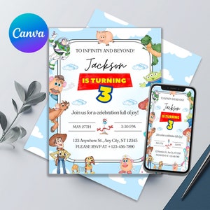 Faire-part d'anniversaire Toy Story modifiable et imprimable | Invitation mignonne d'histoire de jouets d'aquarelle | Faire-part d'anniversaire haut de gamme | Modifiable dans Canvas