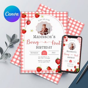 Pink Gingham Berry First Birthday Invitation, Printable & Editable | Sweet Strawberry Theme Party | Add Baby&#39;s Photo | Canva Template