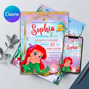 Little Mermaid Birthday Invitation | Cute Ariel Invitation Template | Printable & Editable | Edit with Canva | Instant Download | Buy Now!