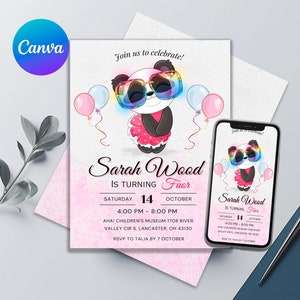 Panda-verjaardagsuitnodiging | Schattige Panda verjaardagsfeestje uitnodigen | Bewerkbare afdrukbare uitnodiging | Bedankkaart gratis | Cupcake-toppers