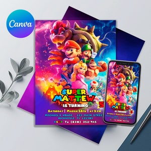 Mario Bros Geburtstagseinladung, Super Mario Geburtstagskarte, Super Brothers Junge einladen, Videospiel, Kinder einladen, druckbare bearbeitbare Vorlage