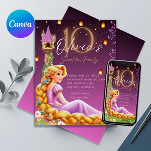 Rapunzel från Trassel födelsedagsinbjudan | Födelsedagsinbjudan | Utskrivbar redigerbar Rapunzel-inbjudan | Födelsedagsinbjudan för flickor