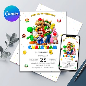 Super Mario Bros Birthday Invitation, Editable and Printable Template, Cute Mario Brothers Kids Invitation, Canva Template, Instant Download