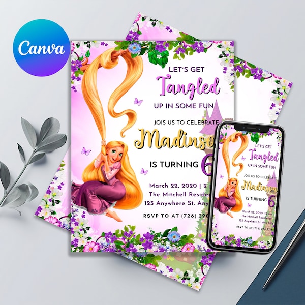 Rapunzel from Tangled Birthday Invitation | Rapunzel Birthday Invites | Printable Editable Rapunzel Invitation | Birthday Invitation Girls