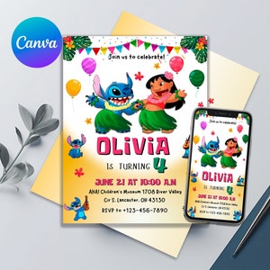 Stitch Birthday Invitation | Printable Editable Birthday Invitation | Cute Lilo And Stitch Digital Invite for Girl or Boy | Canva Template