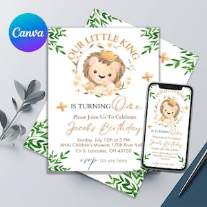 Wild One Birthday Invitation | Lion 1st Birthday Invite | Wild One Invitation Printable-Editable | Canva Template