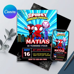 Verjaardagsuitnodiging voor Spidey en zijn geweldige vrienden | Leuk ontwerp voor kinderfeestje | Bewerkbaar en afdrukbaar | Eenvoudig aan te passen met Canva
