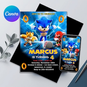 Invito di compleanno Sonic, fantastico! Sonic The Hedgehog Party, Invito per bambini, Modello modificabile stampabile, Modello Canva, Dimensioni 5x7 pollici