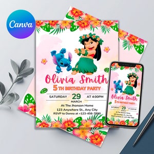 Invitation d'anniversaire Lilo et Stitch | Carte d'anniversaire de point mignon | Faire-part d'anniversaire imprimable et modifiable | Etiquettes de faveur gratuites | Anniversaire d'enfants