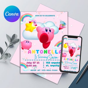 Kirby Birthday Invitation | Kirby Birthday Party Invite | Printable Editable Girls Invitation| Free Favor Tags | Birthday Invitation Kids