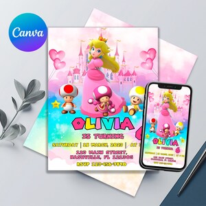 Princess Peach Birthday Invitation | Princess Mario Bros Birthday Card | Editable Printable Invite | Free Thank You Card | Cupcake Toppers