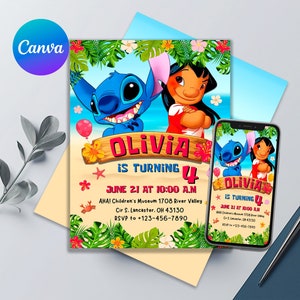 Invitation d'anniversaire de Lilo et Stitch | Invitation d'anniversaire modifiable imprimable | Faire-part de point mignon pour fille ou garçon | Taille du modèle de toile 5 x 7 pouces