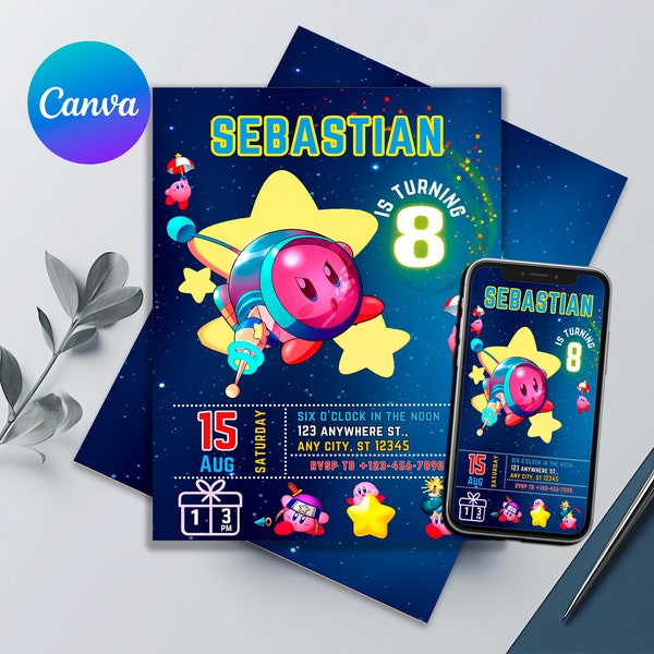 Kirby Birthday Invitation - Space Ranger - Printable Editable Party Invite - Kirby Digital Invite for Boy or Girl -   ¡FREE! Thank You Tag