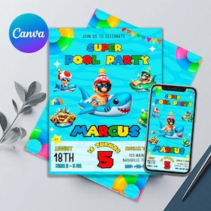 May include: A blue and green invitation for a Super Pool Party to celebrate Marcus's 5th birthday. The invitation features a cartoon character on a shark-shaped pool float. The invitation includes the date, time, and location of the party.