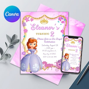 Könnte beinhalten: Eine rosa und goldene druckbare Einladung zu einer 2. Geburtstagsfeier für ein Mädchen. Die Einladung zeigt ein Cartoon-Bild von Prinzessin Sofia aus der Disney Junior-Show Sofia die Erste. Der Text auf der Einladung lautet: "Eleanor's Turning 2 Please Join us For Royal Celebration Saturday, August 26 ~ 3:00 pm~ At 123 anywhere st. Any city, st 12345 RSVP to 123-456-7890".