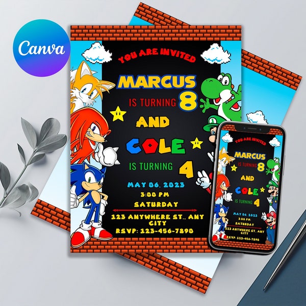 Mario Bros and Sonic Birthday Invitation, Mario and Sonic Birthday Card, Super Brothers boy Invite, Kids Invite, Printable Editable Template