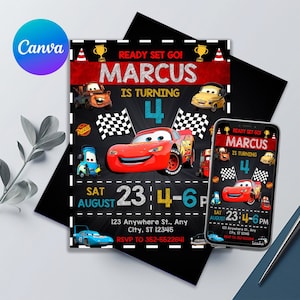 Verjaardagsuitnodiging voor auto's | Bewerkbaar en afdrukbaar | Geweldige Lightning McQueen-sjabloon | Kinderuitnodigingen | Bewerken in canvas | Koop nu!