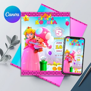 Princes Peach Birthday Invitation | Princess Party Invite | Printable Editable Princess Mario Invitation | Birthday Invitation Girl - Canva