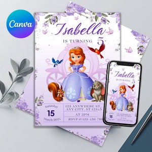Puede incluir: Invitación morada y blanca con una princesa de dibujos animados en un carruaje. La invitación dice "Isabella cumple 5 años" e incluye una fecha, hora e información de RSVP.
