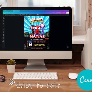 May include: A digital invitation for a birthday party featuring a cartoon image of Spider-Man and his friends. The invitation is for Matias's fourth birthday party and includes the date, time, and location of the event. The invitation is designed in a comic book style with a blue and red color scheme.