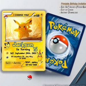 Puede incluir: Invitaci&oacute;n de cumplea&ntilde;os de Pokemon imprimible con un personaje Pikachu amarillo. La invitaci&oacute;n mide 12,7 x 17,8 cm e incluye el texto "Jackson cumple 5 a&ntilde;os" y los detalles de la fiesta de cumplea&ntilde;os. La parte posterior de la invitaci&oacute;n presenta una Pok&eacute;ball Pokemon azul y blanca.