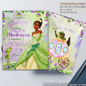 May include: Printable birthday invitation featuring a green and yellow princess with a crown and a green dress. The invitation says "Join us for a magical day! Princess Madinson is turning 7" and includes the date, time, and location of the party. The back of the invitation features a green frog in a carriage with a purple number 7.