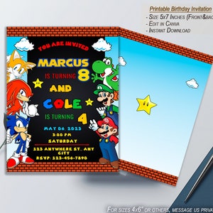 May include: Printable birthday invitation featuring a video game theme. The invitation is 5x7 inches and features characters from the video games Sonic the Hedgehog and Super Mario Bros. The invitation says "You are invited Marcus is turning 8 and Cole is turning 4" with a date and time for the party.