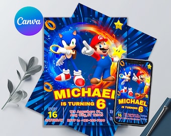 Mario und Sonic Geburtstagseinladung | Sonic-Mario Geburtstagsparty einladen | Druckbar-Bearbeitbare Geburtstagseinladung | Kostenlose Geschenkanhänger | Geburtstag