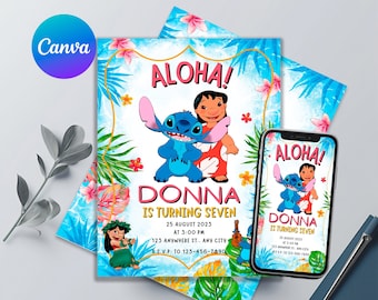 Stitch Birthday Invitation | Printable Editable Birthday Invitation | Cute Lilo And Stitch Digital Invite for Girl or Boy | Canva Template