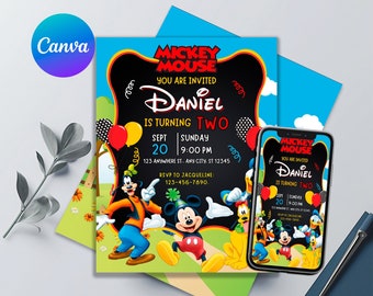 May include: A Mickey Mouse themed birthday invitation for a child turning two. The invitation features a black chalkboard background with the text "Mickey Mouse" and "You are invited Daniel is turning two". The invitation also includes a date and time for the party, as well as an RSVP contact. The invitation is decorated with Mickey Mouse characters, including Mickey Mouse, Minnie Mouse, Goofy, and Donald Duck.