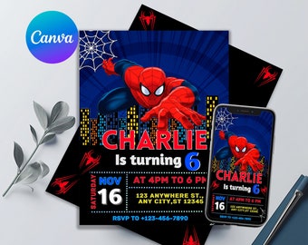 May include: A red and blue Spiderman birthday invitation with the text "Charlie is turning 6" and a date of "Nov 16" with a time of "4 PM to 6 PM".