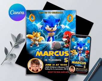 Sonic The Hedgehod Birthday Invitation | Printable Editable Canva Template | Digital Kids PartyInvite | Photo Option | Instant Download