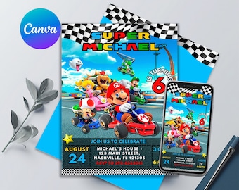 May include: A birthday invitation featuring a Super Mario Kart theme. The invitation is blue and black with a checkered pattern. The invitation features a cartoon image of Mario driving a kart with other characters from the game. The text on the invitation reads "Super Michael is turning 6".