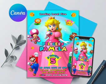 Princess Peach Birthday Invitation | Cute Princess Peach Birthday Invite | Editable & Printable Mario Bros Template | Easy to Edit in Canva