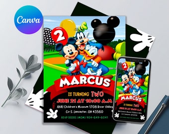 Mickey Mouse Birthday Invitation | 1st Birthday - Twodles Clubhouse Invite | Editable & Printable Mickey Template | Easy to Edit in Canva