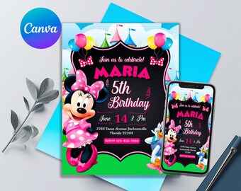 Minnie Mouse Birthday Invitation, Minnie Party Invite, Editable & Printable Birthday Card, Minnie Digital Invite for Girl, Canva Template