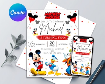 May include: A printable invitation for a Mickey Mouse themed birthday party. The invitation features Mickey Mouse, Donald Duck, and Goofy characters. The invitation is for a child named Michael who is turning two years old. The invitation is red, yellow, and black with white text. The text on the invitation reads "Join us to celebrate! Michael is turning two!"  The invitation also includes the date, time, and location of the party.