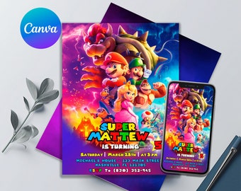 Super Mario Bros Birthday Invitation | Printable Editable Canva Template | Digital Kids Party Invite | Instant Download