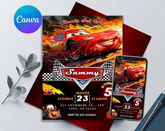 Invitación de cumpleaños de Cars / Plantilla imprimible y editable / Invitación a fiesta de Rayo McQueen / Diseño Canva fácil de editar / Descarga instantánea