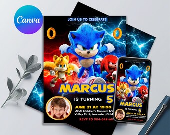 Sonic The Hedgehod Birthday Invitation | Printable Editable Canva Template | Digital Kids PartyInvite | Photo Option | Instant Download