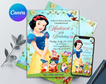 Snow White and the Seven Dwarfs Birthday Invitation | Editable & Printable Invitation | Perfect for Girls' Birthday Party | Canva Template