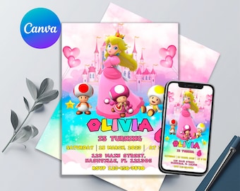 Princess Peach Birthday Invitation | Princess Mario Bros Birthday Card | Editable Printable Invite | Free Thank You Card | Cupcake Toppers