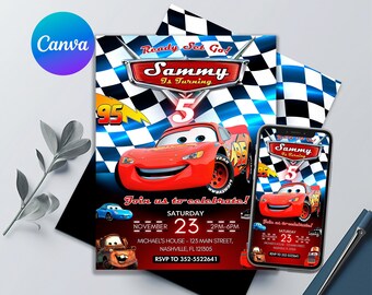 Autos-Geburtstags-Einladung | Super Lightning McQueen Vorlage | Druckbar und bearbeitbar | Kostenlose Geschenkanhänger | Kinder lädt ein - In Canva bearbeiten