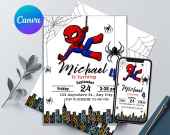 Spiderman Einladungskarte zum Geburtstag | Spiderman Geburtstags-Kinderparty | Druckbare bearbeitbare Geburtstagseinladung | Canva Vorlage | Sofort Download