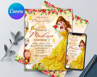 Beauty and the Beast Birthday Invitation | Princess Bella Birthday Party Invite | Printable Editable Birthday Invitation | Birthday Girls
