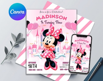 May include: Pink and white birthday invitation with a cartoon image of Minnie Mouse in a pink dress with white polka dots. The invitation says "Join us for a celebration! Madinson is turning three." and includes the date and time of the party.