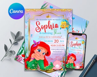 Little Mermaid Birthday Invitation | Cute Ariel Invitation Template | Printable & Editable | Edit with Canva | Instant Download | Buy Now!