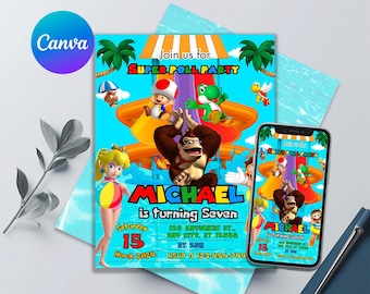 Convite de aniversário da festa na piscina do Mario, convite do Super Mario Bros, modelo editável para impressão, convite do Super Brothers boy, festa infantil