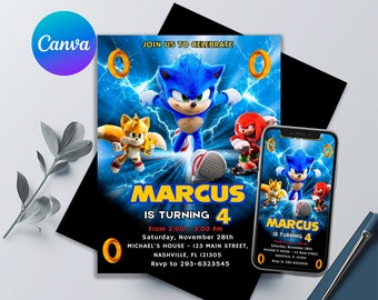 Sonic Birthday Invitation, Awesome! Sonic The Hedgehog Party, Kids Invite, Printable Editable Template, Canva Template, Size 5x7 Inches